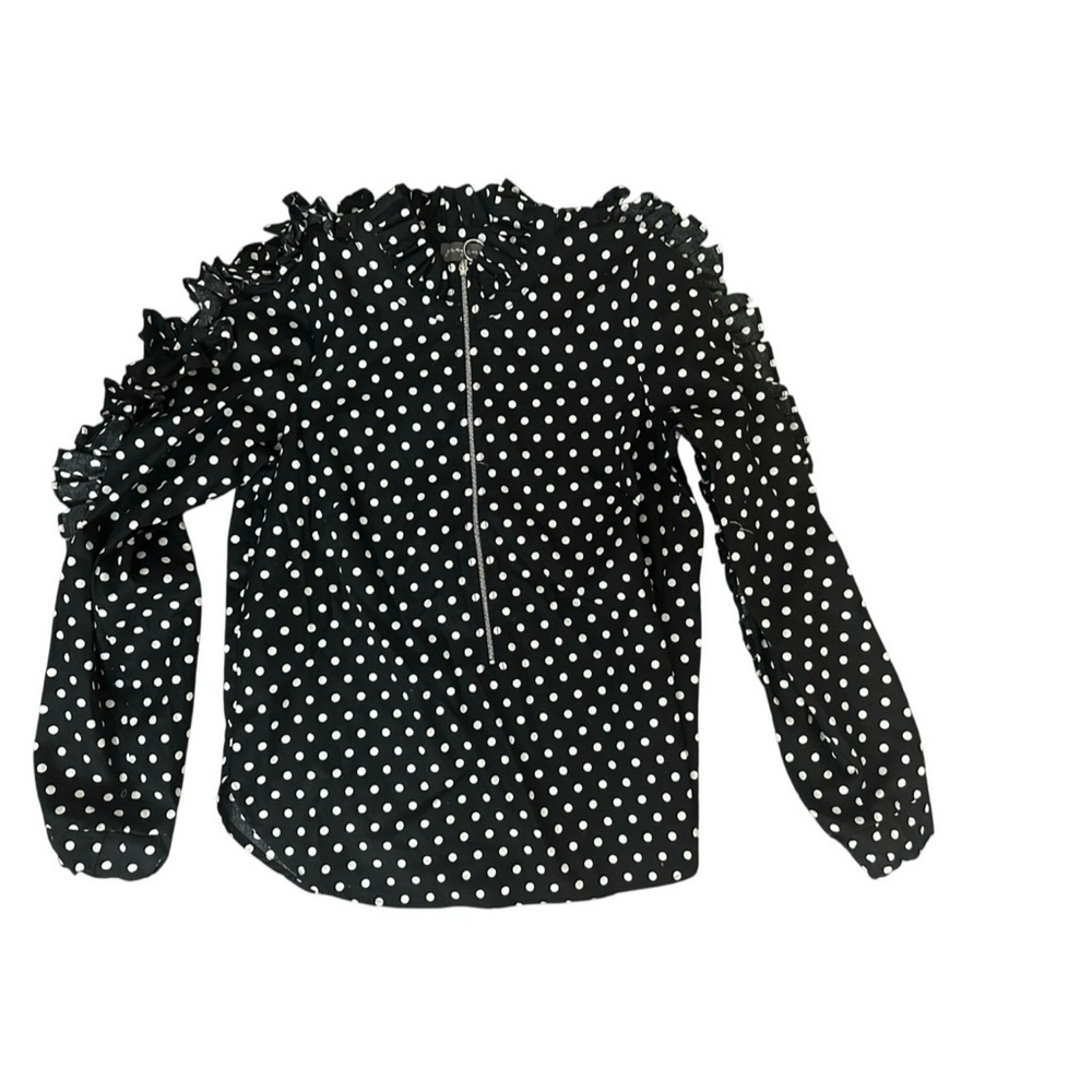 GREYSON Black White Polka Dot Ruffle Sleeve Blouse SIZE SMALL Zip Front 2 4